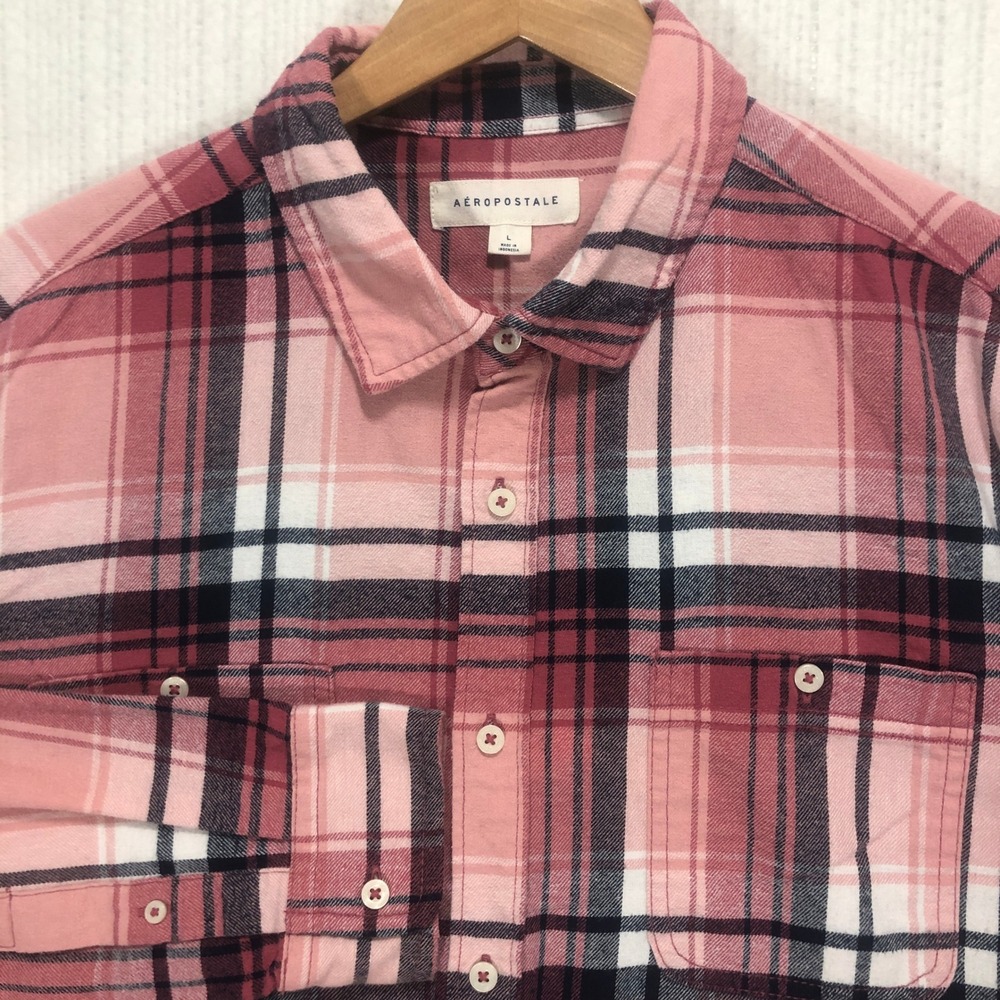 Aeropostale Mens Pink Navy Blue Plaid Flannel Button Down Shirt Large‎ RN 154379